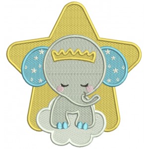Baby Elephant Sitting On The Cloud And Big Star Filled Machine Embroidery Design Digitized Pattern