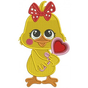 Baby Girl Chick Holding Big Heart Valentine's Day Filled Machine Embroidery Design Digitized Pattern