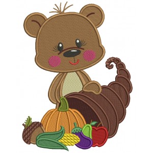 Bear Holding Thanksgiving Cornucopia Filled Machine Embroidery Design Digitized Pattern
