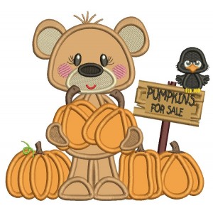 Bear Holding Two Pumpkins And For Sale Sign Thanksgiving Applique Machine Embroidery Design Digitized Pattern