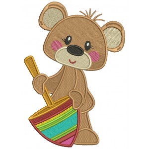 Bear Holding a Big Spinning Top Toy Filled Machine Embroidery Design Digitized Pattern