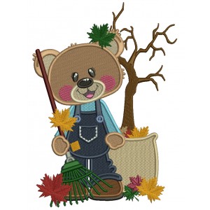 Bear Holding a Rake Gathering Fall Leaves Thanksgiving Filled Machine Embroidery Design Digitized Pattern
