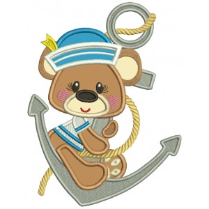 Bear Sailor Sitting On The Boat Anchor Applique Machine Embroidery Design Digitized Pattern