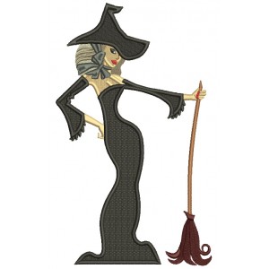Beautiful Witch With a Broom Halloween Filled Machine Embroidery Design Digitized Pattern