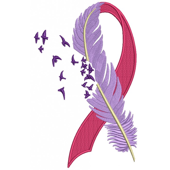 Breast Cancer Awareness Ribbon With A Feather Filled Machine Embroidery