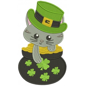Cat Sitting In The Pot Of Gold St. Patricks Filled Machine Embroidery Design Digitized Pattern