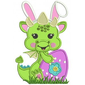 Cute Baby Dragon With Bunny Ears Holding Easter Egg Applique Machine Embroidery Design Digitized Pattern 