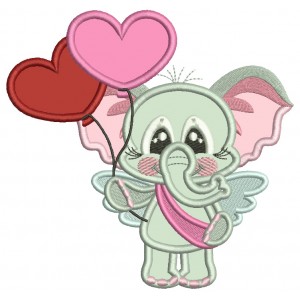 Cute Baby Elephant Holding Two Balloons Valentine's Day Applique Machine Embroidery Design Digitized Pattern