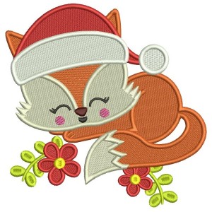 Cute Baby Fox Wearing a Christmas Hat Filled Machine Embroidery Design Digitized Pattern