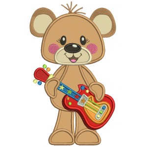 Cute Bear Playing Guitar Applique Applique Machine Embroidery Design Digitized Pattern