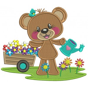 Cute Bear Watering Plants Filled Machine Embroidery Design Digitized Pattern 