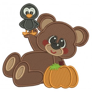 Cute Bear With Crow And Pumpkin Fall Filled Machine Embroidery Design Digitized Pattern