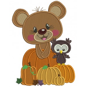 Cute Bear With Pumpkins And Owl Fall Filled Machine Embroidery Design Digitized Pattern
