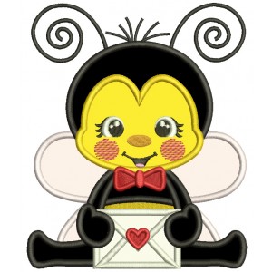 Cute Bee Holding Envelope With Heart Valentine's Day Applique Machine Embroidery Design Digitized Pattern