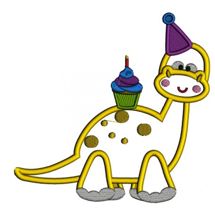 Cute Birthday Dino Applique Machine Embroidery Design Digitized Pattern