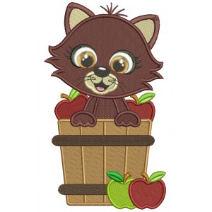 Cute Cat Sitting Inside Baskets With Apples Fall Filled Thanksgiving Machine Embroidery Design Digitized Pattern