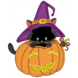 Cute Cat Wearing Huge Witch's Hat Sitting Inside a Pumpkin Halloween Applique Machine Embroidery Design Digitized Pattern