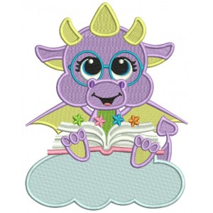 Cute Dino Sitting On The Cloud Reading a Book Filled Machine Embroidery Design Digitized Pattern