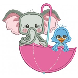 Cute Elephant And Bird Inside Umbrella Applique Machine Embroidery Design Digitized
