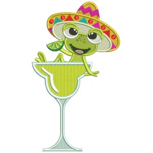 Cute Frog Wearing Sombrero Holding Lime Filled Machine Embroidery Design Digitized Patterny 