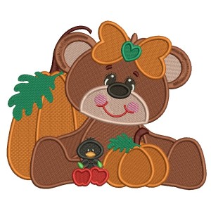 Cute Girl Bear WIth Pumpkin And a Little Crow Filled Machine Embroidery Design Digitized Pattern