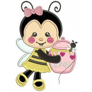 Cute Girl Bee Holding Jar With Honey Valentine's Day Applique Machine Embroidery Design Digitized Pattern