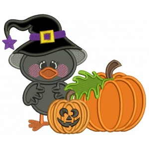 Cute Littel Crow Wizard WIth Pumpkins Halloween Applique Machine Embroidery Design Digitized Pattern