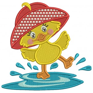 Cute Little Baby Duck Wearing Big Hat Splashing In The Puddle Filled Machine Embroidery Design Digitized Pattern