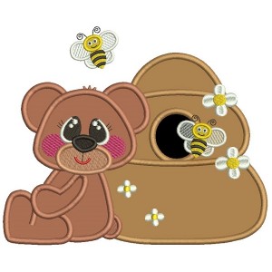 Cute Little Bear And Bees Applique Machine Embroidery Design Digitized Pattern