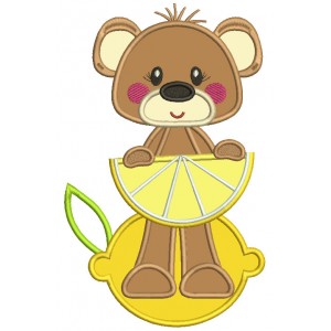 Cute Little Bear Holding Lemon Slice Applique Machine Embroidery Design Digitized Pattern