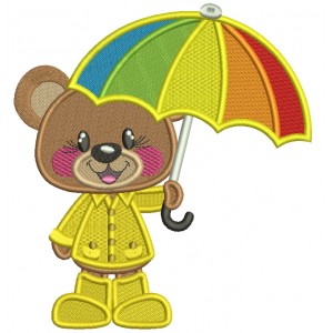 Cute Little Bear Holding Umbrella Spring Filled Machine Embroidery Design Digitized Pattern