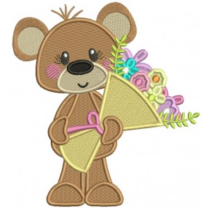 Cute Little Bear Holding a Flower Bouquet Filled Summer Machine Embroidery Design Digitized Pattern