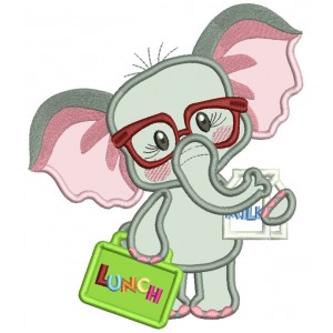 Cute Little Elephant Holding a Lunch Box Back To School Applique Machine Embroidery Design Digitized Pattern
