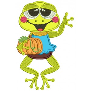 Cute Little Frog Holding a Pumpkin Thanksgiving Applique Machine Embroidery Design Digitized Pattern