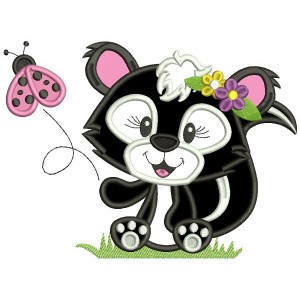Cute Little Girl Skunk With Flowers Applique Machine Embroidery Design Digitized Pattern