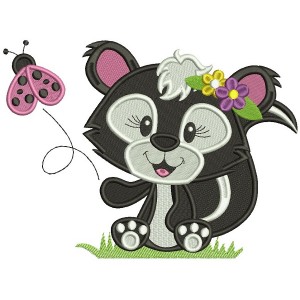 Cute Little Girl Skunk With Flowers Filled Machine Embroidery Design Digitized Pattern