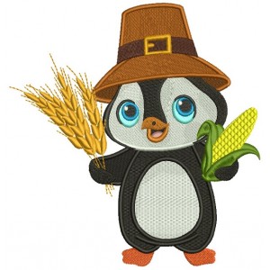 Cute Little Penguin Harvest Thanksgiving Filled Machine Embroidery Design Digitized Pattern