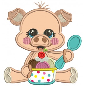 Cute Little Pig Holding Big Spoon And Eating Ice Cream Applique Machine Embroidery Design Digitized Pattern