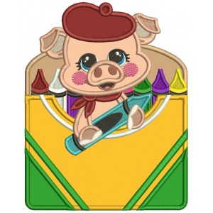Cute Little Piggy With a Box of Crayons School Applique Machine Embroidery Design Digitized Pattern