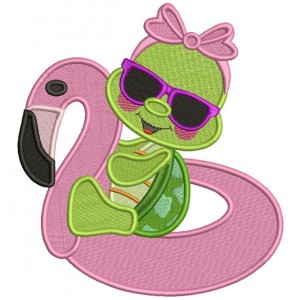 Cute Little Turtle Swimming on a Flamingo Floaty Summer Filled Machine Embroidery Design Digitized