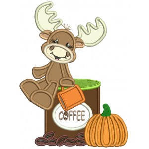 Cute Moose Sitting On a Cup Of Coffee Next To Pumpkin Fall Applique Thanksgiving Machine Embroidery Design Digitized Pattern