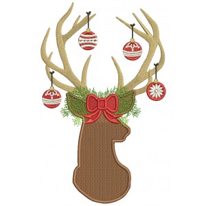 Deer Head With Antlers Full of Christmas Ornaments Filled Machine Embroidery Design Digitized Pattern