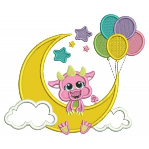 Dragon On The Moon With Balloons Applique Machine Embroidery Digitized Design Pattern