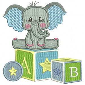 Elephant Sitting On School Blocks Filled Machine Embroidery Digitized Design Pattern