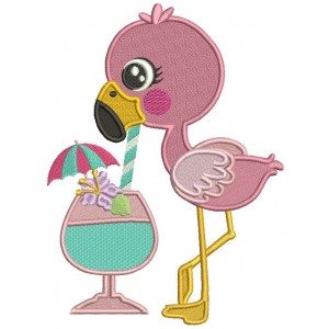 Flamingo Sipping Exotic Drink Filled Machine Embroidery Design Digitized Pattern