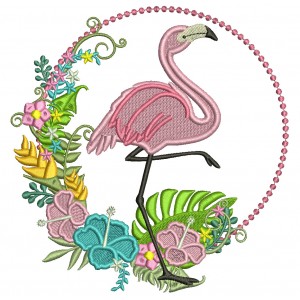 Flamingo Standing On One Foot And Flowers Filled Machine Embroidery Design Digitized Pattern
