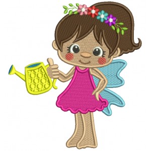 Flower Fairy Watering Plants Filled Machine Embroidery Design Digitized Pattern