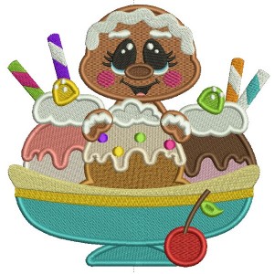 Gingerbread Girl Behind Three Scoops Of Ice Cream Filled Machine Embroidery Digitized Design Pattern