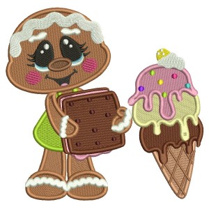Gingerbread Girl Holding Ice Cream Filled Machine Embroidery Digitized Design Pattern