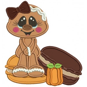 Gingerbread Girl Sitting on a Donut Fall Applique Thanksgiving Machine Embroidery Design Digitized Pattern